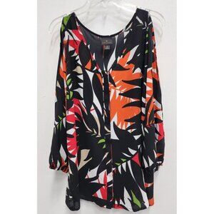 Worthington Womens Cold Shoulder Blouse Size Small Black Red Leaf Print Tropical
